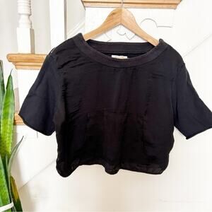 Anthropologie Avec Les Filles Black Shoulder Zip Short Sleeve Crop Top Size S